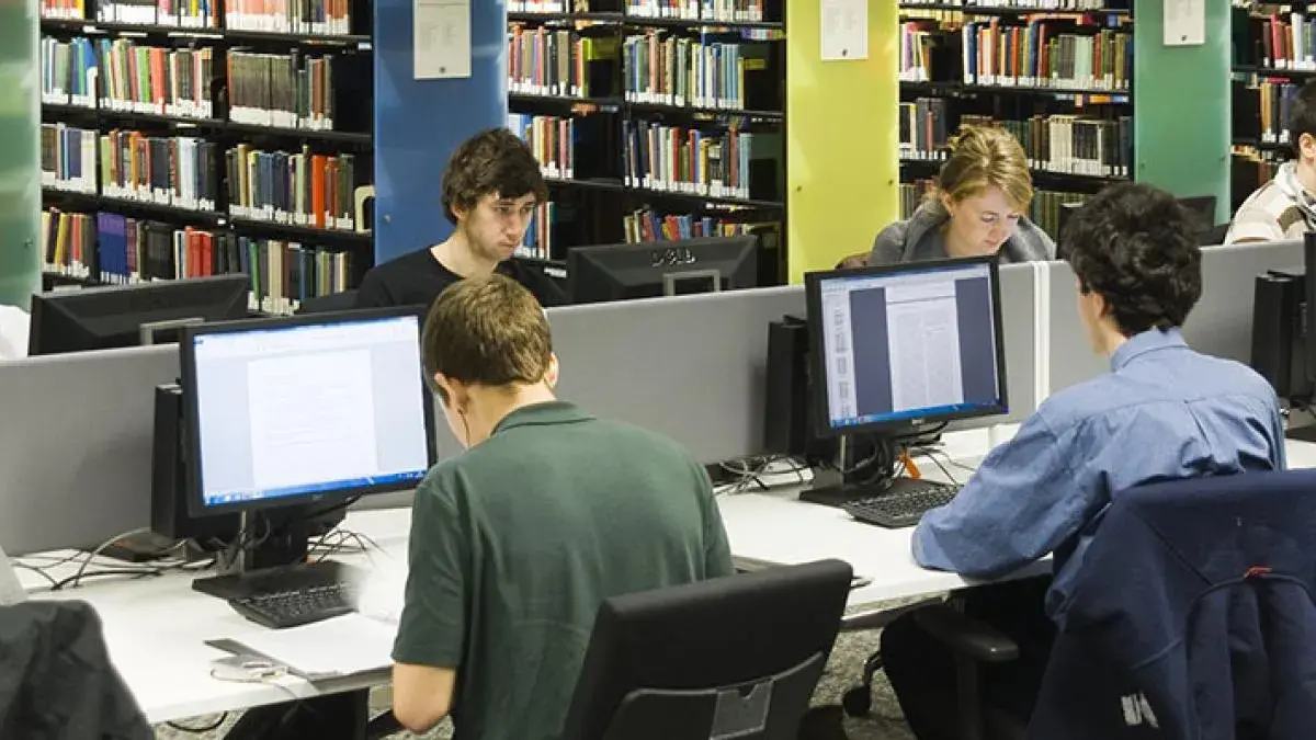 Students working at computers in the library.
