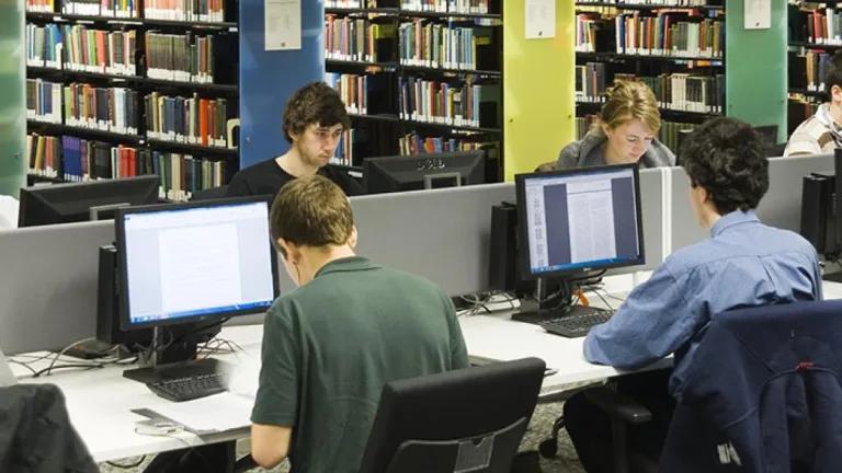 Students working at computers in the library.