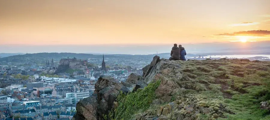 Edinburgh skyline as seen from the Salisbury Crags at sunset.