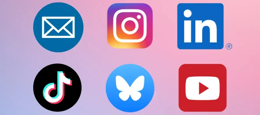 Logos for mailing list, Instagram, LinkedIn, TikTok, Bluesky and YouTube.