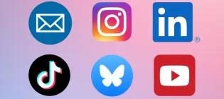 Logos for mailing list, Instagram, LinkedIn, TikTok, Bluesky and YouTube.