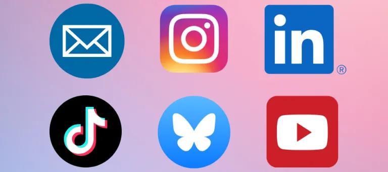 Logos for mailing list, Instagram, LinkedIn, TikTok, Bluesky and YouTube.